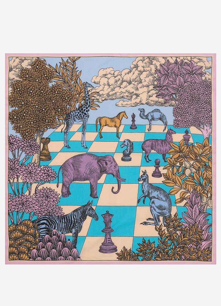 動物與西洋棋絲質混紡方巾(中) 粉紫色
